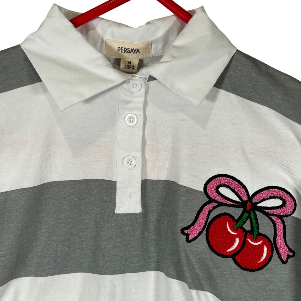 Persaya Womens Striped Long Sleeve‎ Rugby Polo Shirt Grey White Cherry Patch M